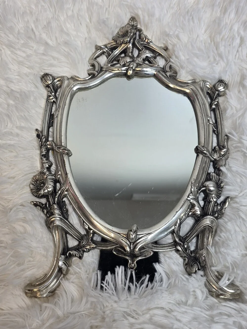 Antique French Art Nouveau Silver Plate Dresser Vanity Table Easel Back Mirror. - Picture 2 of 4